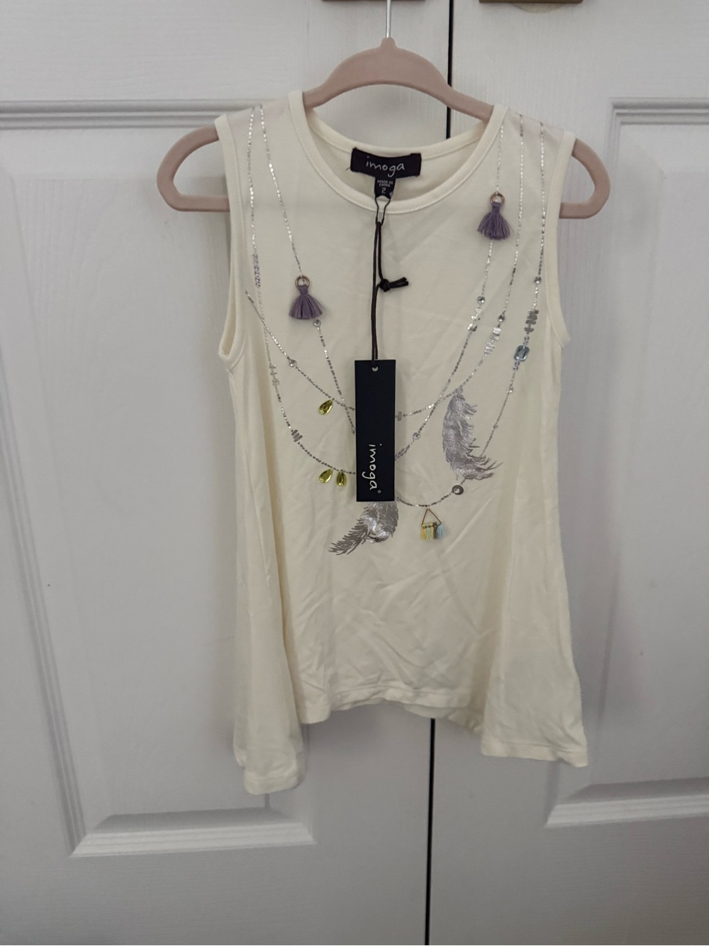 Imoga Cream Tank Top with Silver Foil Feathers & Lavender Tassels